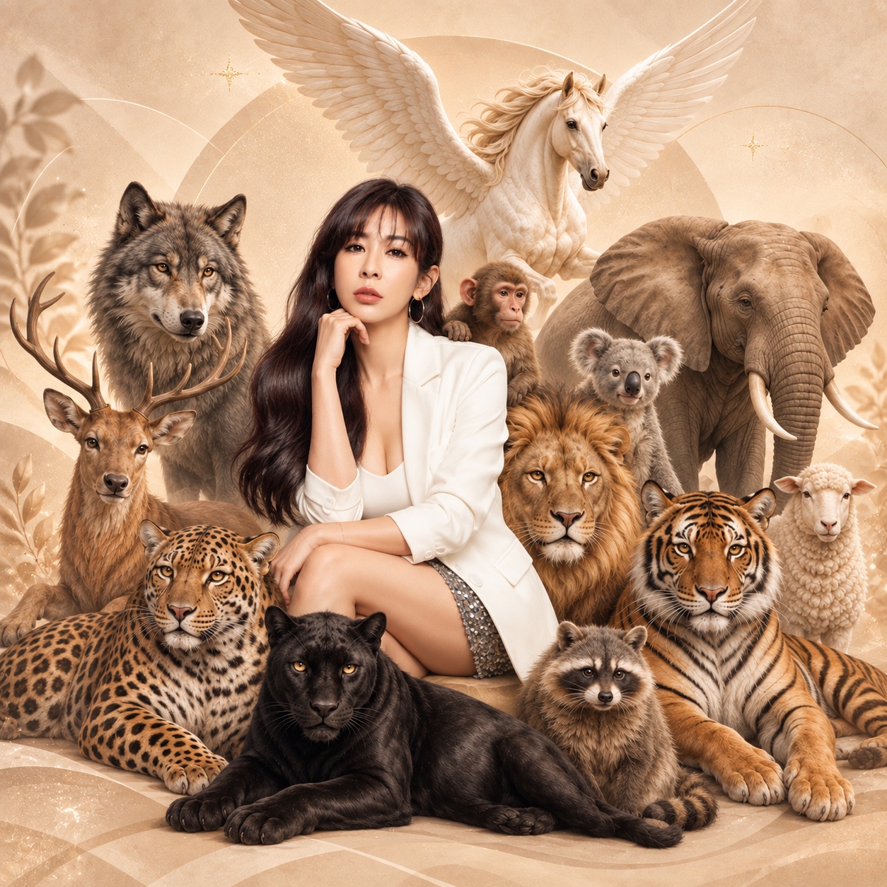 女神小姊姊與不同動物角色的主題視覺