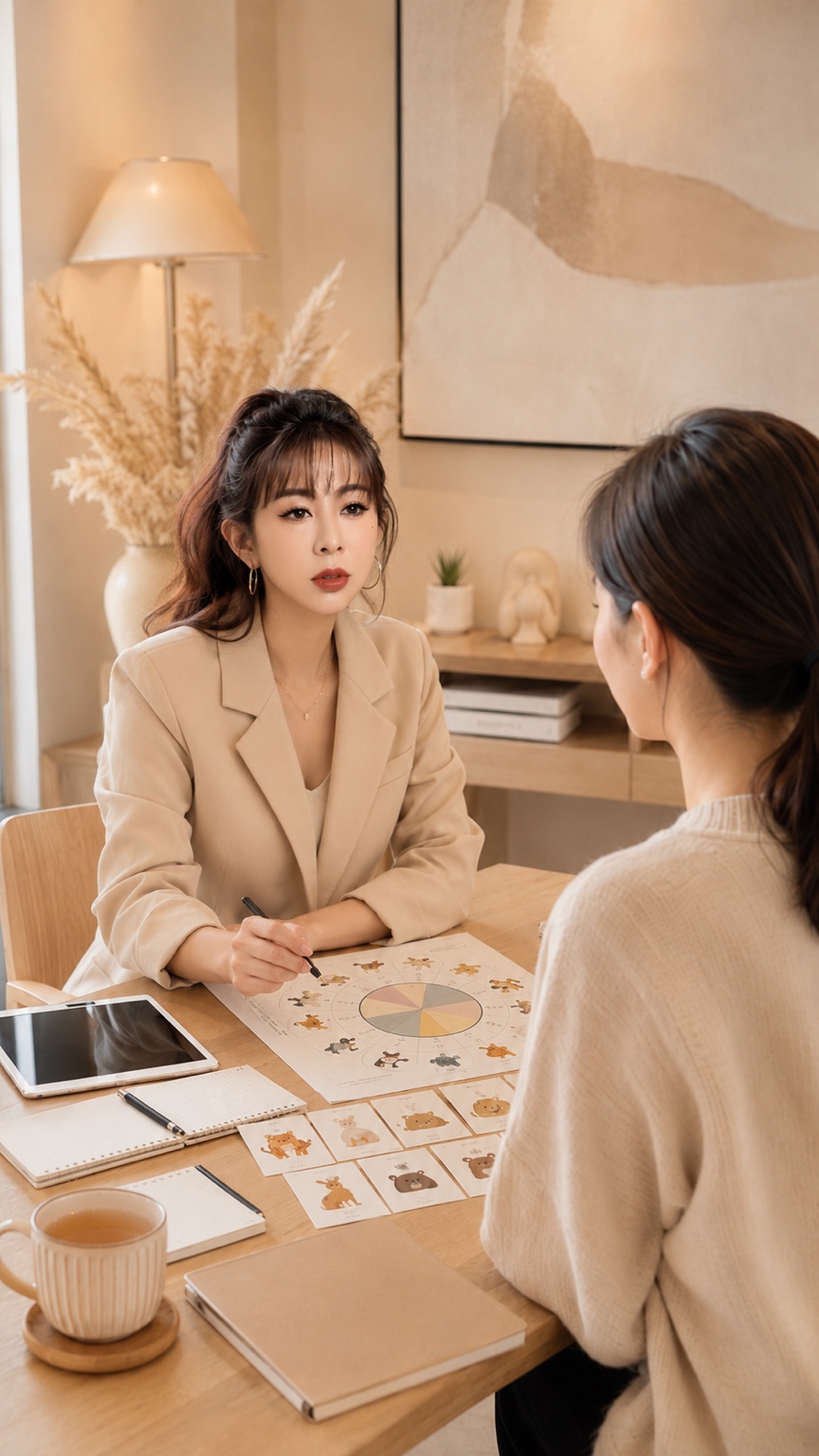 面對面討論個性分析報告的情境示意
